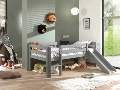 Produktbild von VIPACK Kojen-Spielbett mit Liegefläche 90 x 200 cm, inkl. Leiter, Rutsche und Rolllattenrost, Kiefer massiv grau lackiert