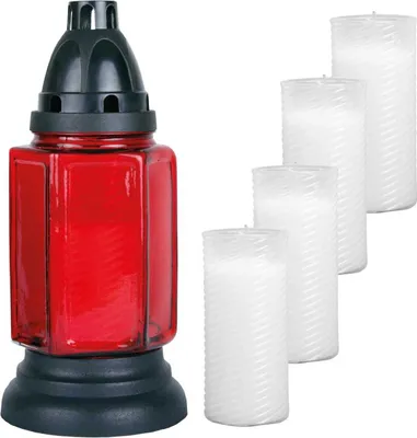Produktbild von Grableuchte aus Glas ca. 24cm (rot), inklusiv 5 Nachfüllkerzen
