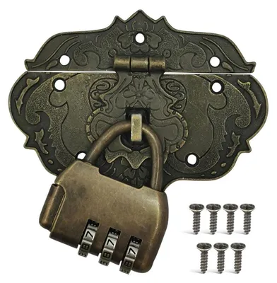 Immagine prodotto di Chiusure antiche, serrature a combinazione, in bronzo e ferro, elementi di design per mobili, adatte per bauli e casse