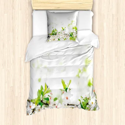 Produktbild von ABAKUHAUS Blume Mantele, Weiß Frühlings-Blüten, Milbensicher Allergiker geeignet mit Kissenbezügen, 135 cm x 200 cm - 80 x 80 cm, Weiß Grün