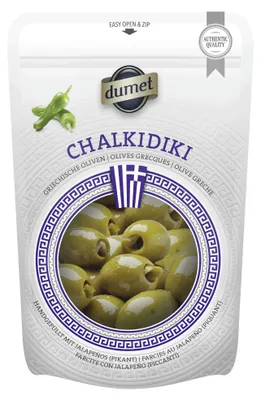 Zdjęcie produktu dla Oliwki Dumet Chalkidiki, greckie, zielone, nadziewane jalapeno, 150g
