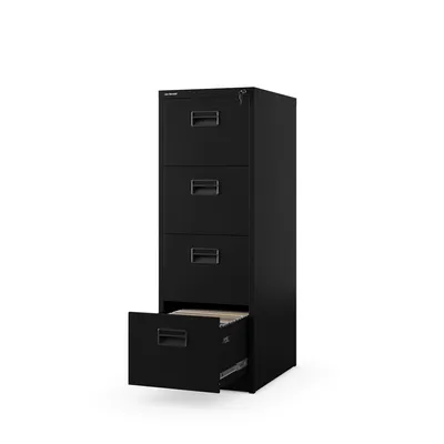 A black four-drawer filing cabinet with one drawer slightly open, on a white background.