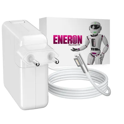 A white laptop charger and cable are displayed next to a box with a robot graphic and brand logo.