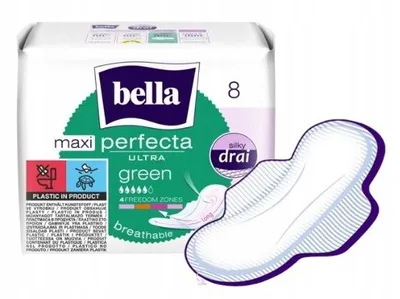 Image de Confort & protection immédiats : Serviettes hygiéniques Bella Perfecta Maxi Vert (9 pièces) - La technologie Silky Drai assure un confort optimal.