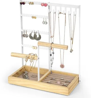 Produktbild von Schmuckorganizer 4-lagig, 48 Ösen, 6 Haken, Weiß, Metall & Holz