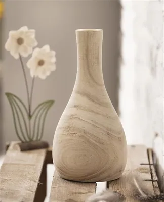 Image de Vase décoratif "Wood", rond, en bois naturel de paulownia, hauteur 24 cm, vase pour fleurs séchées, vase en bois, vase de table