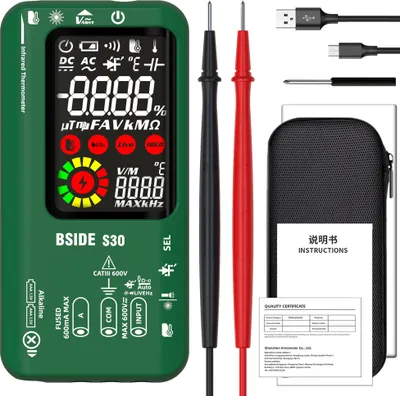 Produktbild von BSIDE 4-in-1-Digitalmultimeter, Infrarot-Thermometer, elektrischer Teststift, Schaltkreisanalysator-Detektor, 3,5-Zoll-LCD-Farbdisplay, Handmultimeter, True RMS 9999, professioneller Spannungs-, Kapazitaets-, Widerstands-, Frequenz-, Dioden-Arbeitszyklustester, Live-Draht-Erkennungsmessgeraet mit Datenspeicherung und automatischer Abschaltfunktion