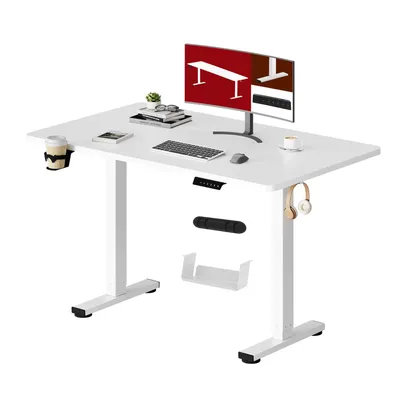 A white standing desk with a computer monitor, keyboard, mouse, cup holder with a cup, headphones, and accessories for cable management.
