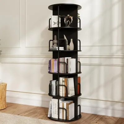 Image de Étagère tournante pour livres, en bois, noire, dimensions : 47,5 x 47,5 x 156,2 cm