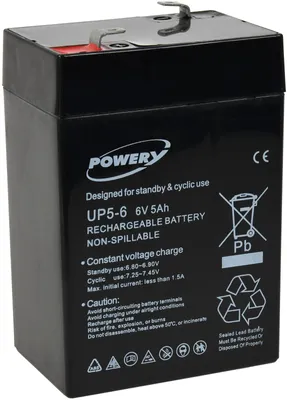 Produktbild von Powery Blei-Gel Akku für Lampe Johnlite Staubsauger Halogen Lampe 6V 5Ah (ersetzt auch 4Ah 4,5Ah)