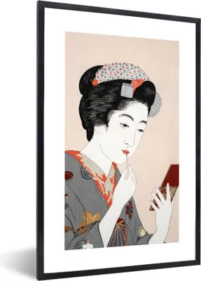 Produktbild von MuchoWow® Gerahmtes Poster Frau - Kimono - Schminken - Japan - Vintage 60x90 cm - Poster mit Schwarzem Bilderrahmen Wandposter Rahmen Foto Bilder - Kunst