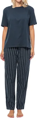 Produktbild von Schiesser Baumwolle Schlafanzug Lounge Set bestehend aus einer langen Hose und einem Kurzarm-Shirt, Weiches Material mit hohem Baumwoll-Anteil, Hautfreundlich und elastisch