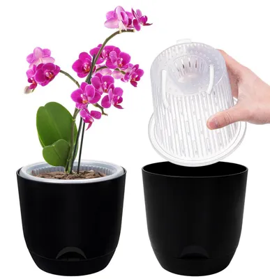 Immagine prodotto di Set da 2 vasi per orchidee, diametro 14,7 cm, a doppio strato, con sistema di autoirrigazione, colore nero