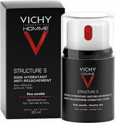 A product shot of Vichy Homme Structure S anti-slackening hydrating care cream, with its packaging on the left and the product itself on the right.