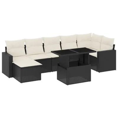 Produktbild von Modulares Garten-Loungeset, 8-teilig, mit verstellbarem Tisch, Poly Rattan Schwarz, UV-beständig, Cremeweiße Kissen mit abnehmbaren Bezügen