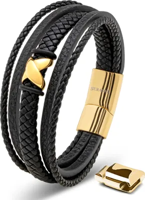 Produktbild von SERASAR | Echtlederarmband für Männer [Flake] mit Geschenkbox und Edelstahl Verschluss | Farbe: Gold | Länge: 23cm