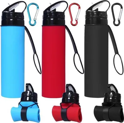 Produktbild von Silikonisches, tragbares Trinkgefäß mit Karabinerklemme - 3 Stück - 600 ml - lecksicher - für Camping, Klettern, Radfahren