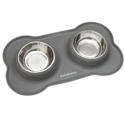 Produktbild von KaraLuna Napfunterlage aus Silikon mit Edelstahl Futternapf I Für Katzen & Hunde I Fressnapf Katze Futternapf Cat Bowl Hundenapf Katzenfressnapf Näpfe Station Napf Unterlage (400ml, Grau)
