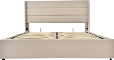 Image de Lit double hydraulique rembourré avec rangement, sommier à lattes en bois, beige, 160x200 cm