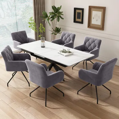 Produktbild von 6er Set Esszimmerstühle grau, samt, Rautenmuster, gepolstert, vier Metallbeine, moderner Lounge-Stuhl, Lendenwirbelstütze