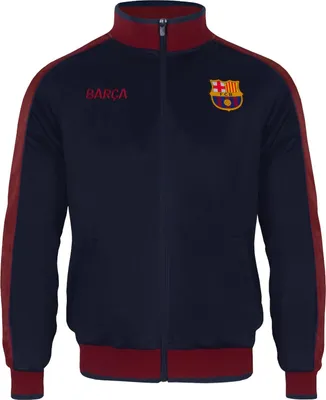 A navy blue FC Barcelona training jacket with burgundy accents.