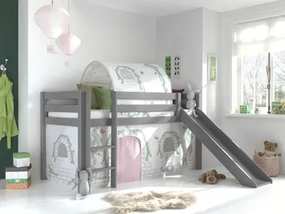 Produktbild von Vipack Spielbett Pino inkl. Rutsche mit Textilset Vorhang und Tunnel "Birdy"