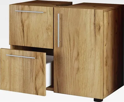 Produktbild von Holz Waschbeckenunterschrank | Badschrank | Maße: H. 51 x B. 61 x T. 32 cm | 1 Drehtür | 2 große Schubladen | modernes Badezimmermöbel - Flandu