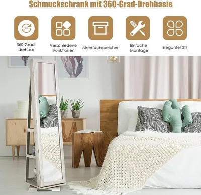 Produktbild von 360° drehbarer Schmuckschrank mit Spiegel, abschließbar, weiß