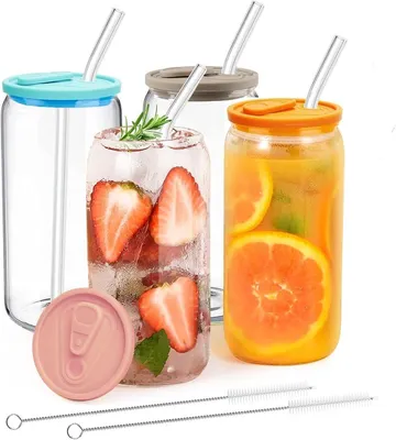 Productafbeelding van PromoHome® Drinkbekers met deksel en rietje, 500 ml - 4 stuks. Glazen bekers - blikvorm - geschikt voor ijskoffie, cocktails, whisky, smoothies