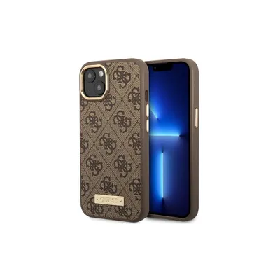 A brown iPhone case with a repeating Guess logo pattern is shown next to an iPhone.