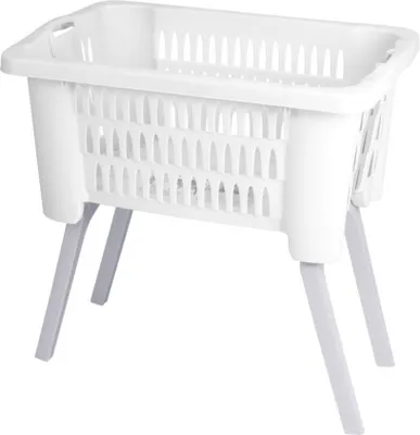 A white laundry basket with legs, shown from a three-quarter angle against a white background.