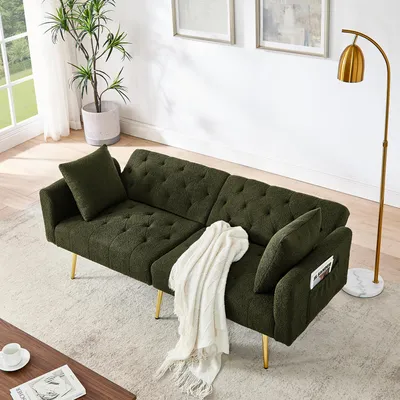 Image de OKWISH Canapé 2 Places - Convertible avec Dossier Réglable 3 Niveaux, Pieds Métal Stables, Tissu Teddy Bouclé - Vert - 177 x 78 x 74 cm