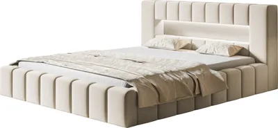 A beige upholstered bed with a headboard featuring integrated LED lighting, shown with bedding and pillows.