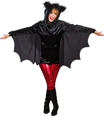 Produktbild von Fledermaus-Oberteil aus Pannesamt mit Kapuze und Ohren. Die Flügel sind aus weichem Polyesterstoff. 44/46 Germany95% Polyester, 5% Polyacryl