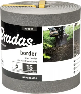 A roll of grey lawn border on a white background, with a close-up image of a person using a shovel to install it.