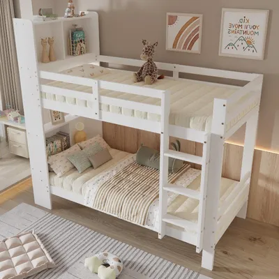 Produktbild von Etagenbett 90x200 cm Weiß aus Kiefer, MDF, Sperrholz mit Regalen und dreistufiger rechtwinkliger Leiter für Schlafzimmer