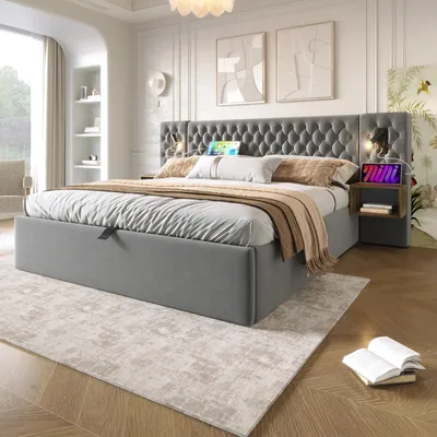 Obrázek produktu pro Čalouněná postel STILVORA 160 x 200 cm dvoulůžko s přípojkou USB pro nabíjení a světlem na čtení, hydraulické úložné lůžko s nočními stolky a zásuvkami, šedá (bez matrace)
