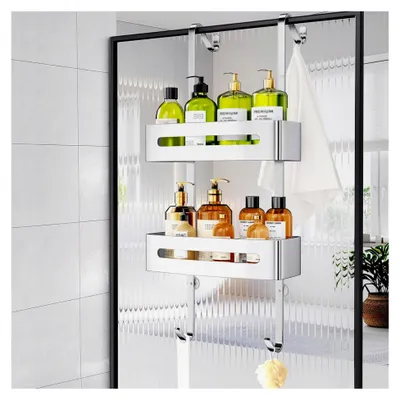 Produktbild von Hängende Duschablage, Duschregal ohne Bohren aus Edelstahl, Badezimmer Organizer für Shampoo mit Halterung, Duschkorb mit 4 Haken und zwei Körben für rahmenlose Glastüren