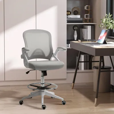 Produktbild von Bürostuhl mit Stehfunktion, Schreibtischstuhl Netzrücken ergonomisch, klappbare Armlehnen, Hellgrau | 64x60x106–126 cm | 360° drehbar | Fußablage