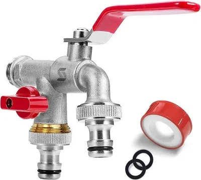 Produktbild von Famanu Gartenwasserhahn Doppelanschluss 3/4 Zoll - Messing, rost- und frostbeständig, rot