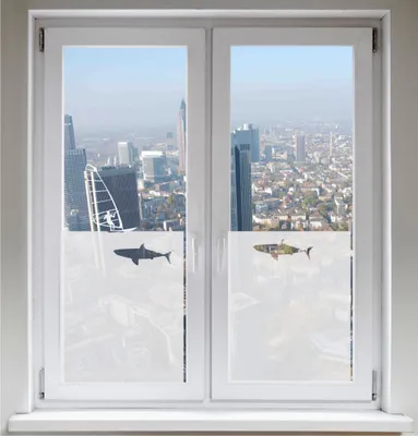 Produktbild von INDIGOS UG Dekorfolie Fensterfolie Sichtschutzfolie Glasdekorfolie Surfer & Haie satiniert blickdicht - 1200mm Breite x 500mm Höhe