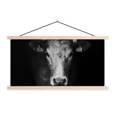 Produktbild von MuchoWow® Textilposter Tiere - Kuh - Schwarz - Weiß - Kuhkopf 120x60 cm mit holzfarbenen Rahmen - Klemmleiste