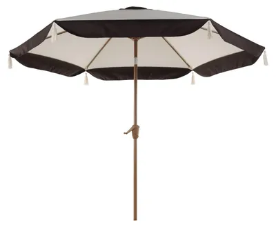 Image de Parasol, Ø 270 cm, parasol de balcon avec pompons, inclinaison réglable par bouton-poussoir et manivelle, parasol de jardin avec franges, parasol de terrasse, protection UV 50+ (beige)