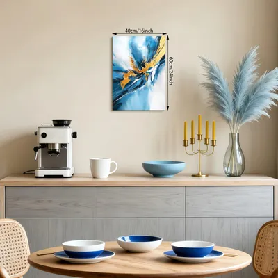 Image de Tableau abstrait bleu et or, style "wandprint", dimensions 40 x 60 cm, idéal pour un salon