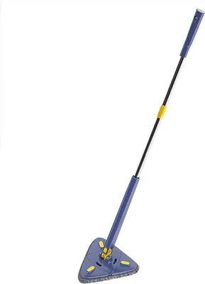 A blue and yellow triangular mop with a telescopic handle, isolated on a white background.