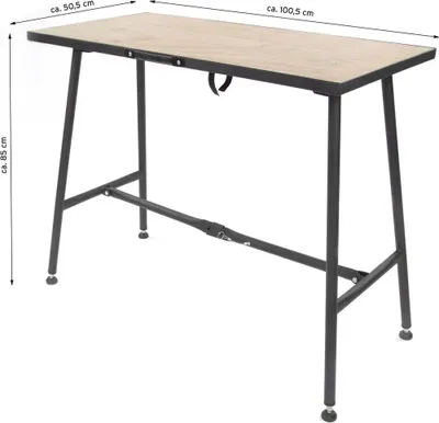 A product shot of a folding workbench on a white background, with dimensions indicated.