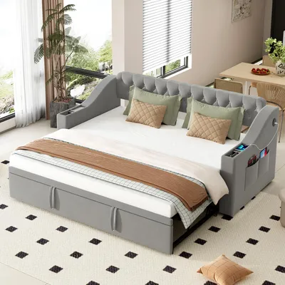 Immagine prodotto di Letto imbottito Merax da 90/180×190 cm con USB, ampi braccioli con vano portaoggetti, tasche portaoggetti e rete a doghe, divano letto con tessuto in velluto, grigio chiaro