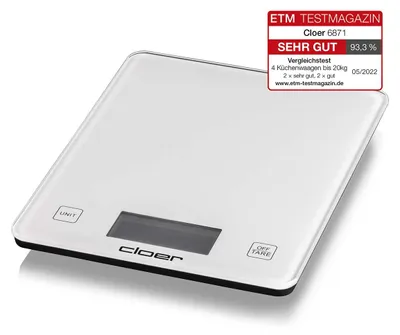 Productafbeelding van Cloer 6871, Elektrische keukenweegschaal, 10 kg, 5 g, Wit, Glas, Werkblad