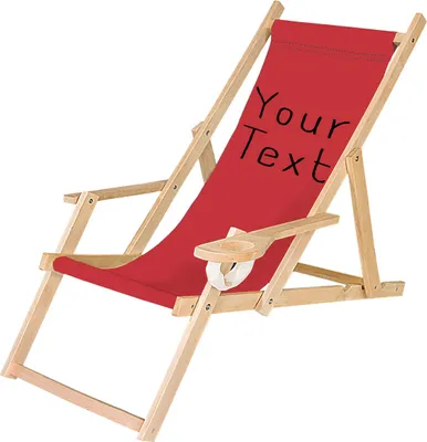 A red beach chair with wooden frame and text on the canvas.