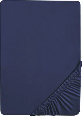 A close-up view of a dark blue fitted sheet, showing the elasticized corner.